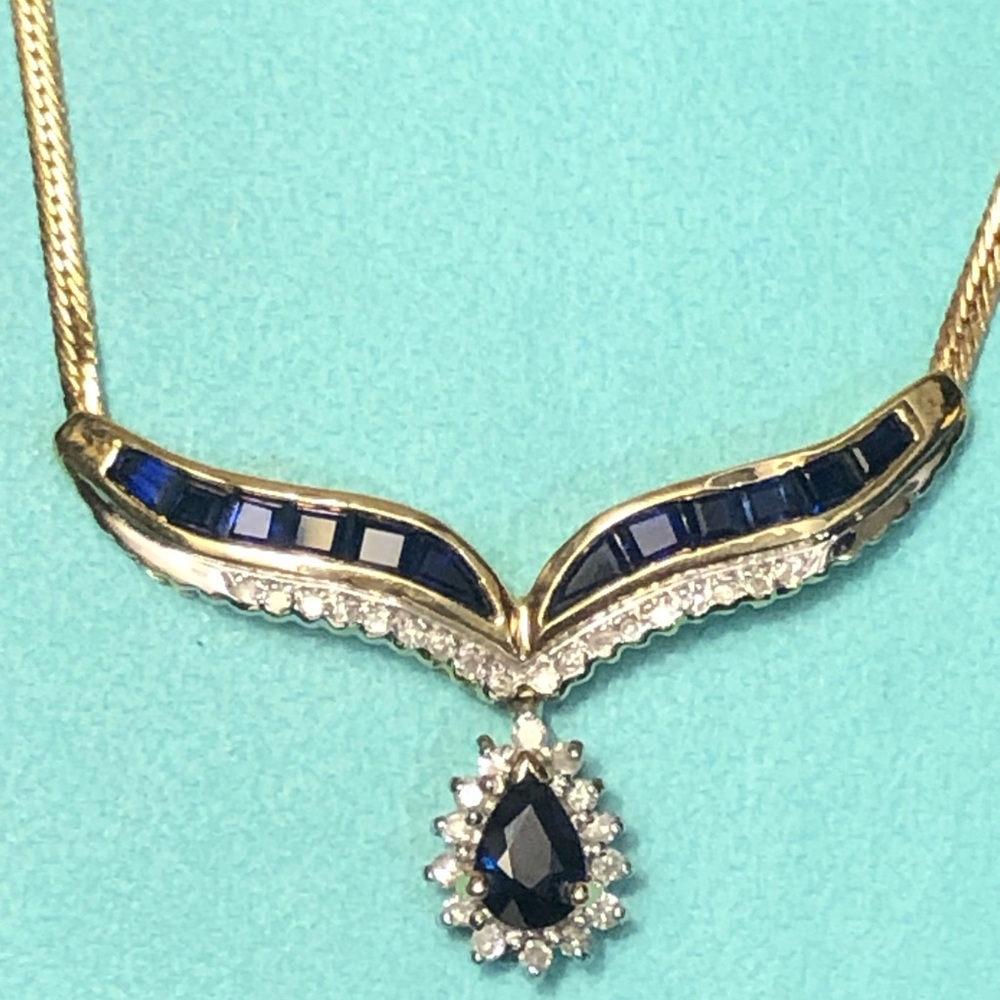 Solid 14K GOLD Natural Sapphire & Diamond Necklace